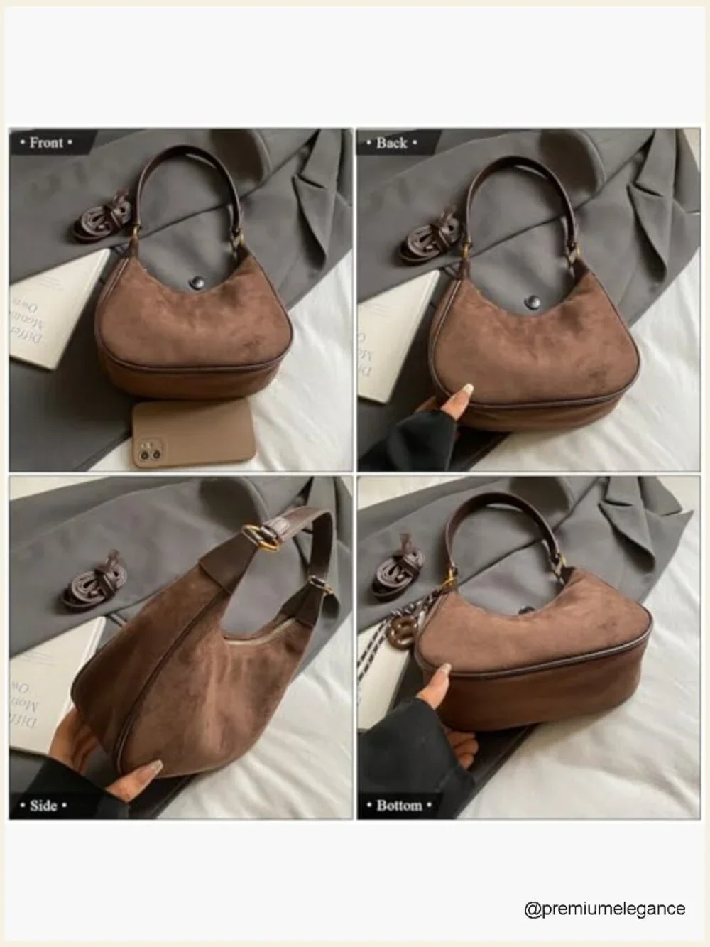Faux Suede Hobo Crossbody Bag with Removable Charm and 2 Straps
